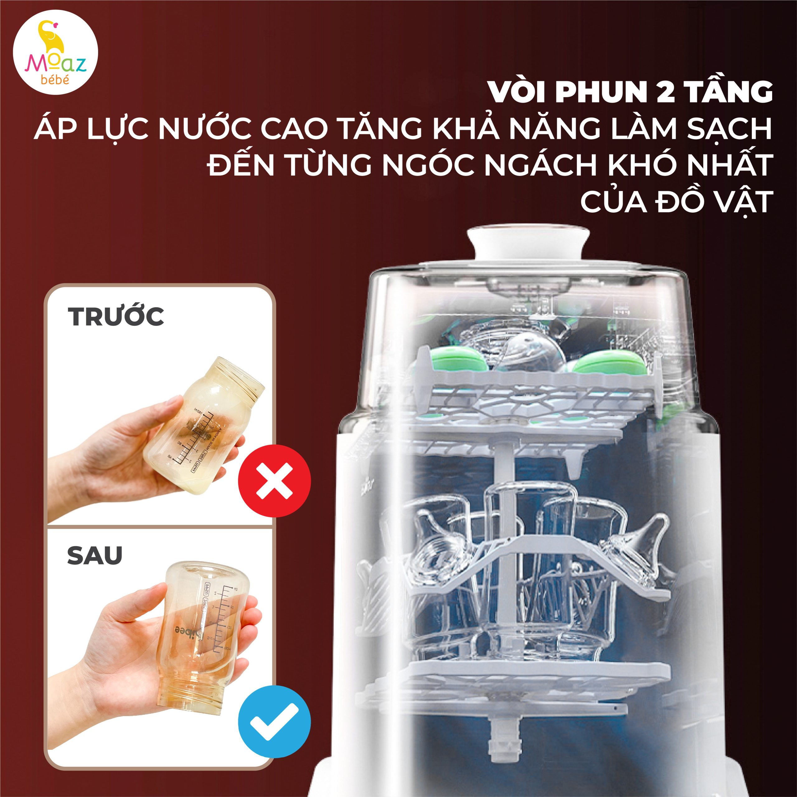 Hệ thống vòi phun nước 2 tầng máy rửa bình sữa moaz Máy rửa bình sữa Moaz BéBé MB 064