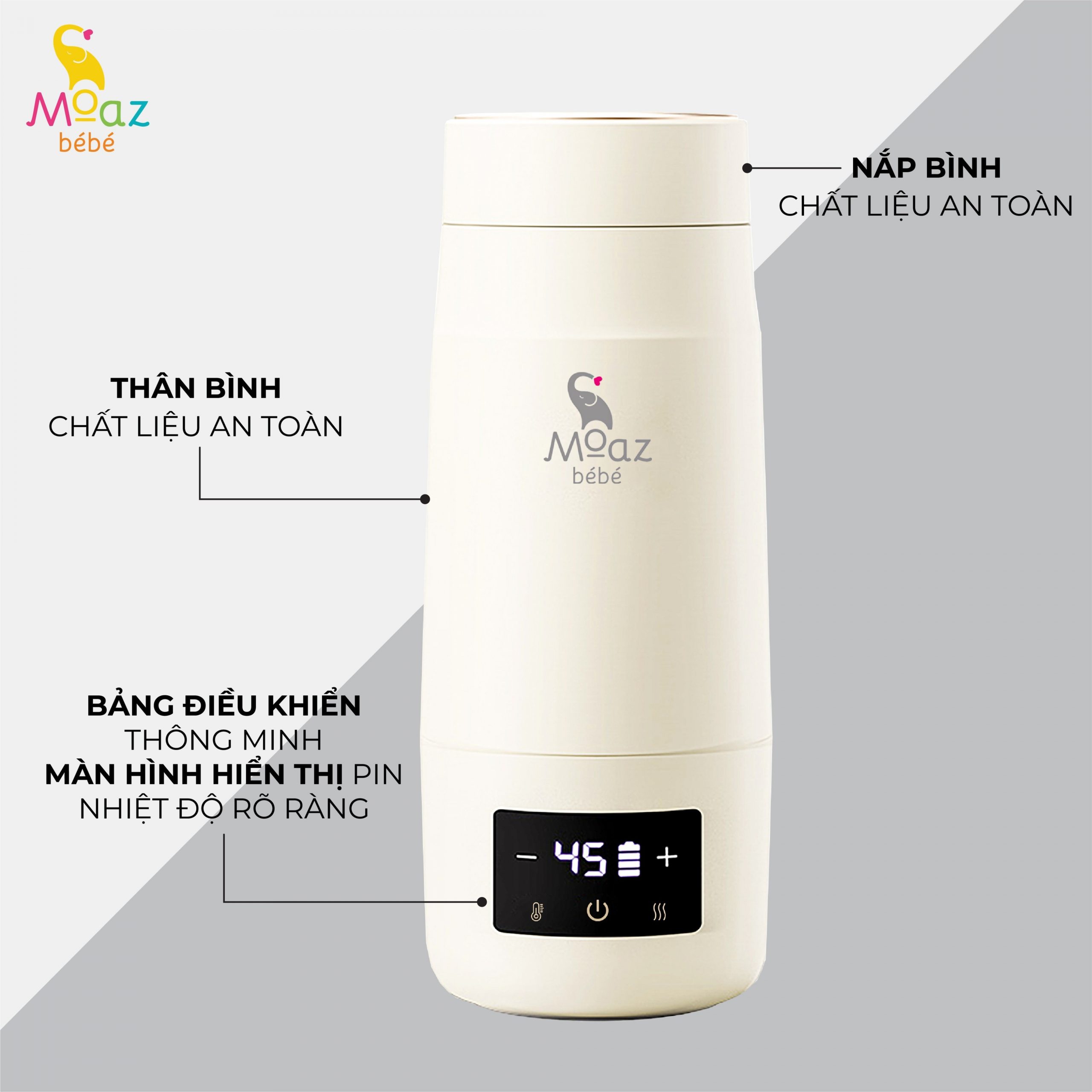 Cấu tạo bình đun nước pha sữa di động Moaz Bình đun nước pha sữa di động moaz bé bé MB-058