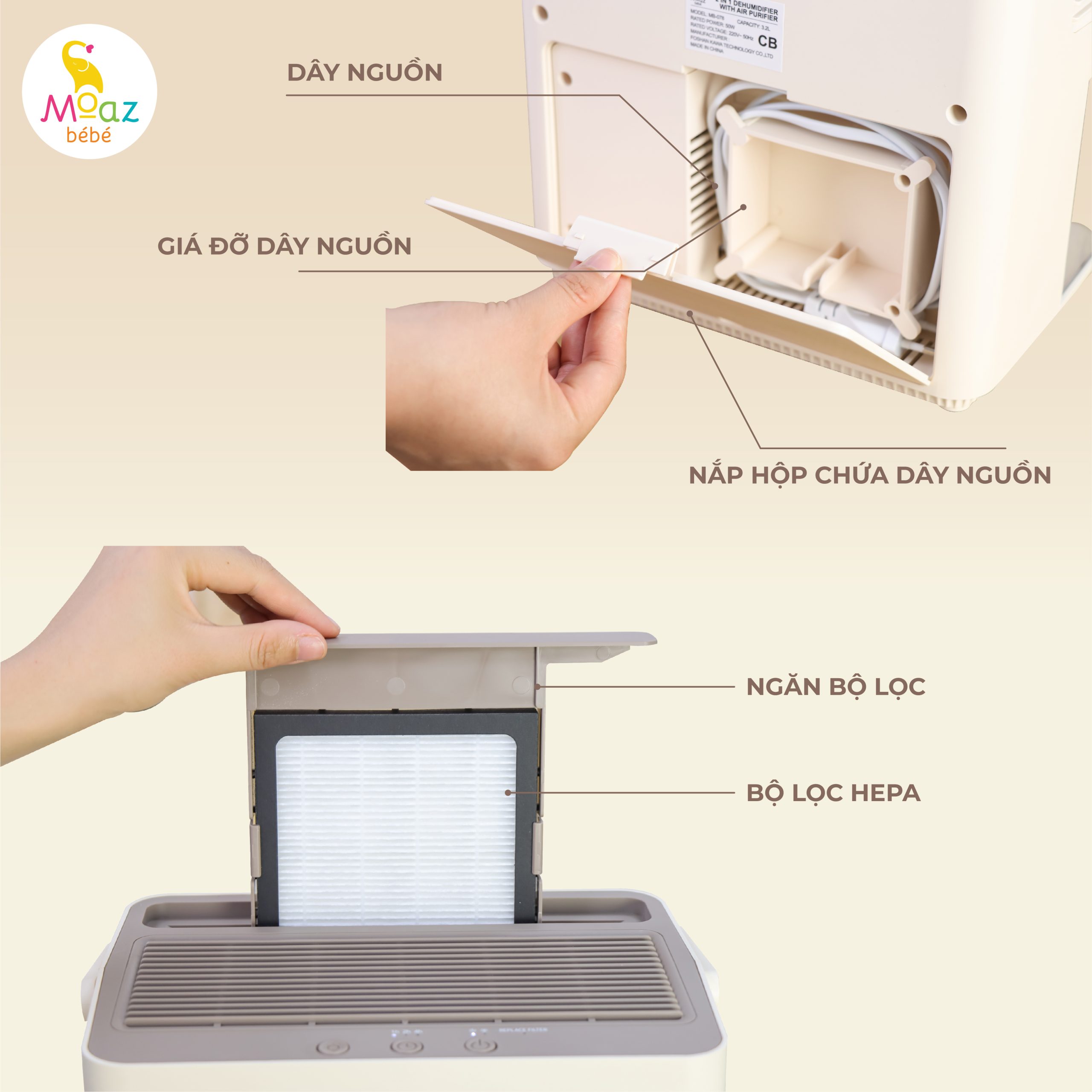 Máy hút ẩm và lọc không khí MOAZ bên MB078, máy giúp làm giảm thiểu bụi mịn và vi khuẩn trong phòng